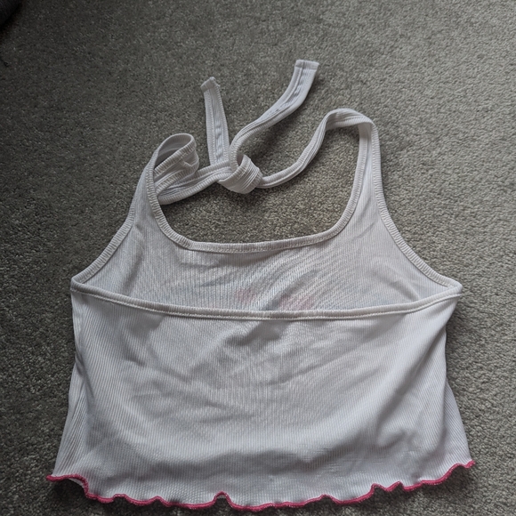 "Unbothered" bubble letter style crop top, tie up halter neck. Small size. - Picture 3 of 3